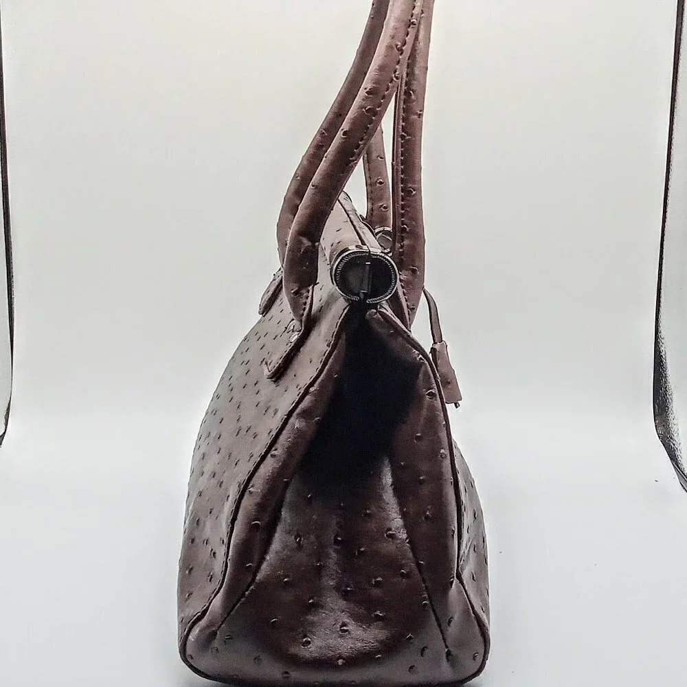 Coffee Brown Faux Ostrich Skin Gunmetal Satchel Bag